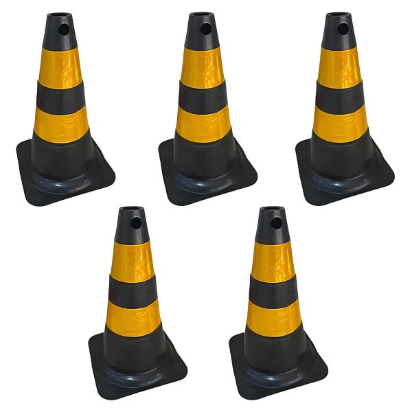 Cone Flexível Preto e Amarelo 75cm Refletivo Kit 5 Unid - Plastcor