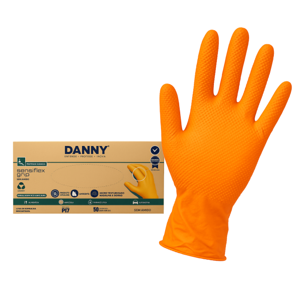 Luva Nitrílica Sensiflex Grip Laranja c/ 50un - Danny - CA 50744