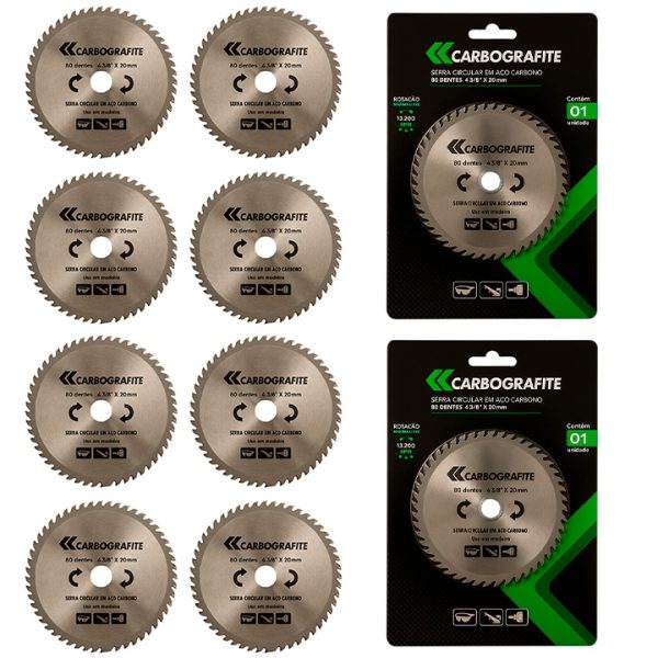 Kit Com 10 Serras Circular Aço Carbono 4.3/8" x 20mm 80 Dentes - Carbografite
